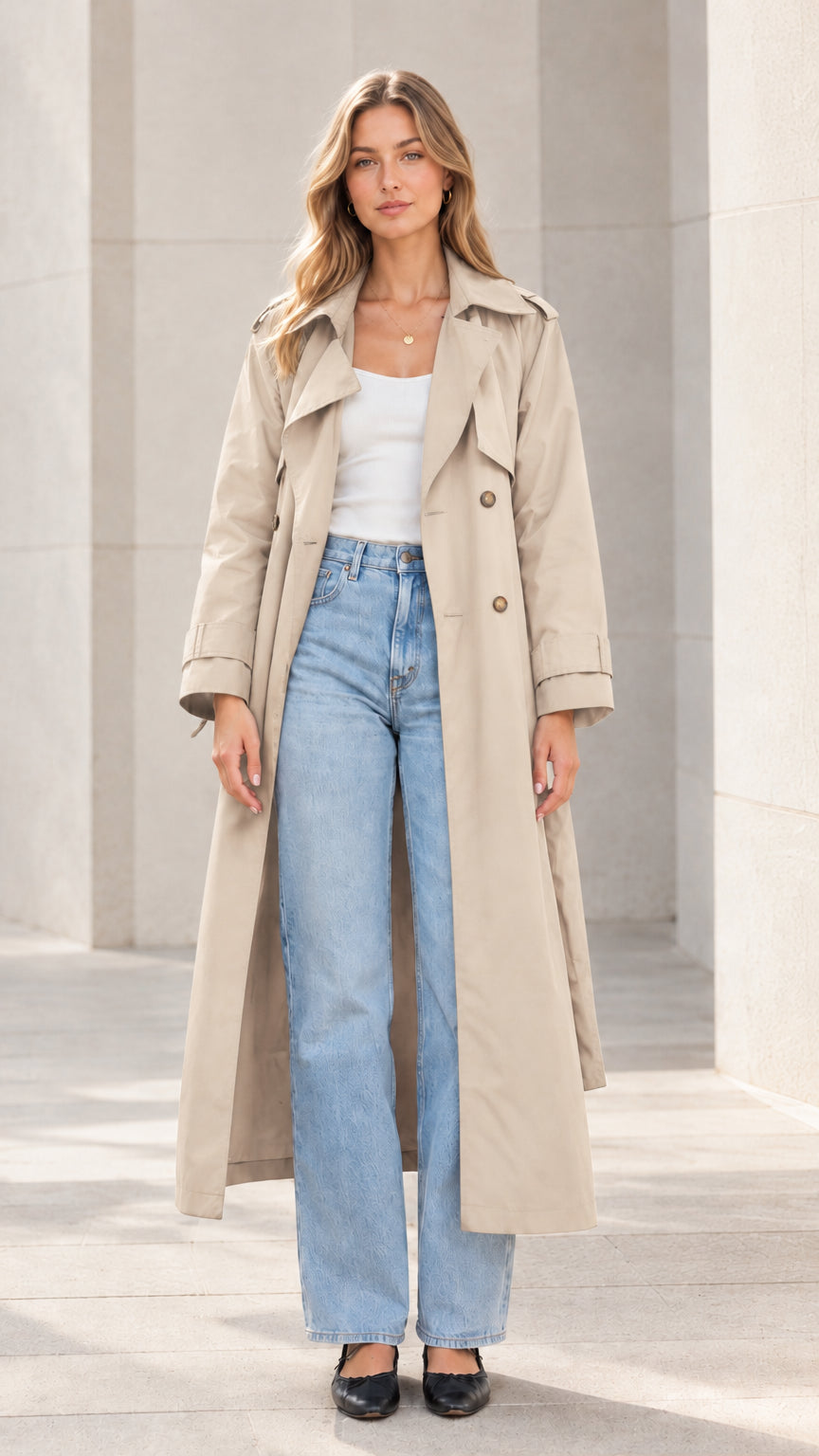 Front view of model wearing the long beige khaki trench coat