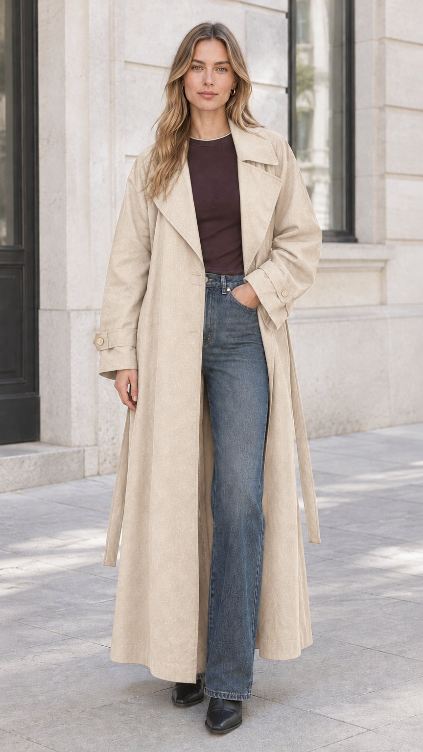 Front view of woman wearing classic beige light taupe maxi belted trench coat