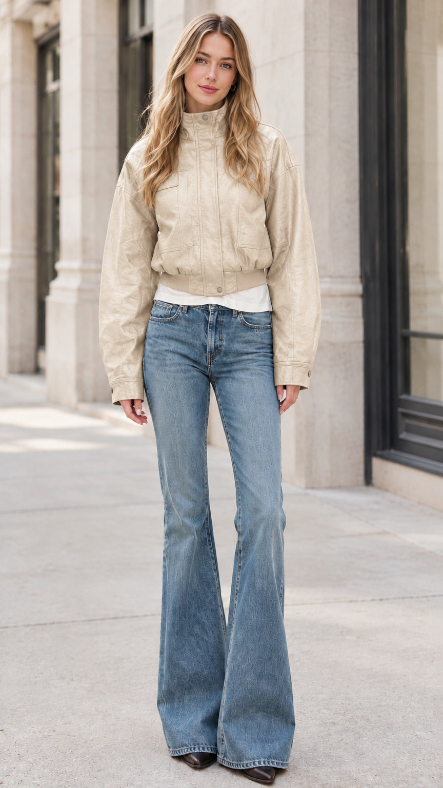 Front view of model wearing beige cream cropped faux leather bomber jacket with flare jeans