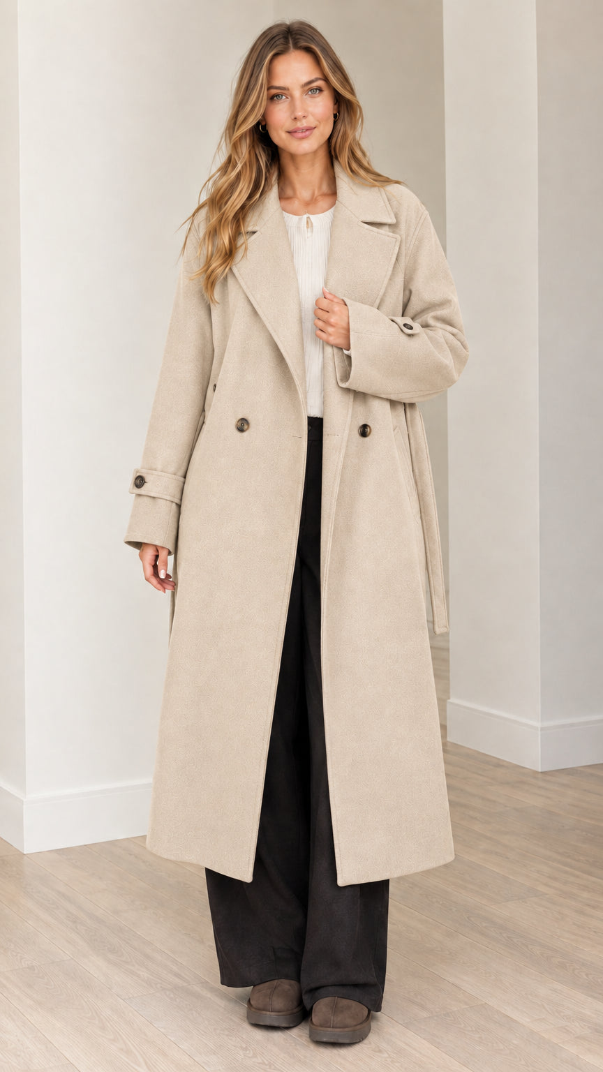 Front view of woman wearing beige oatmeal longline belted overcoat
