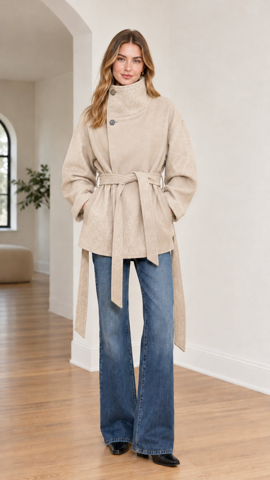 Front view of model wearing beige cream high-neck belted wrap coat