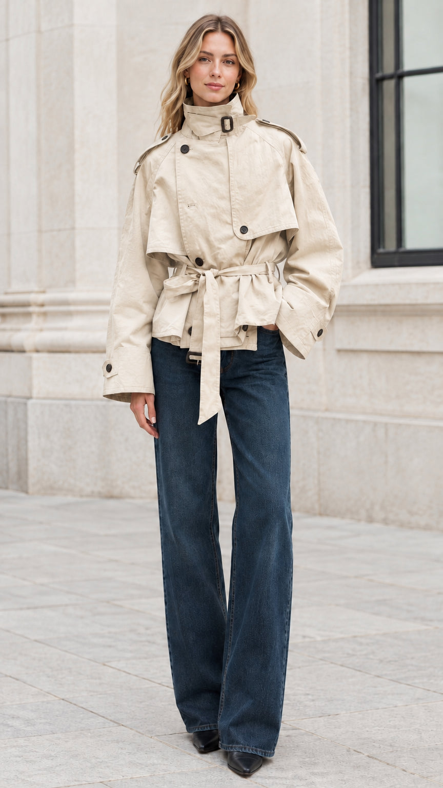 Full-length shot of model wearing beige cropped belted trench jacket with buckle stand collar