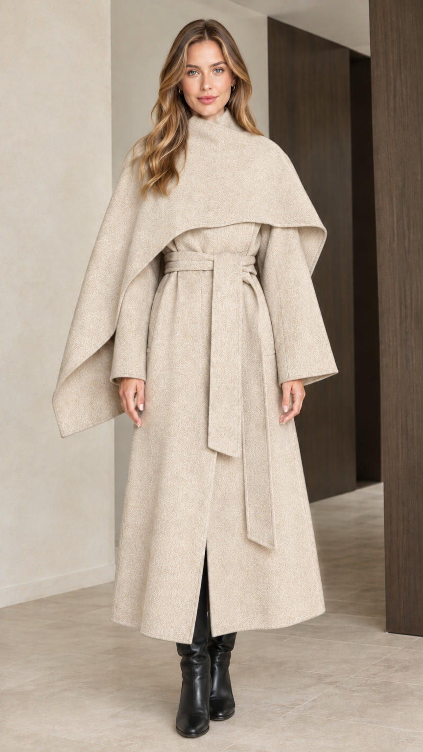 Full-length front view of woman wearing cream beige capelet overlay long coat