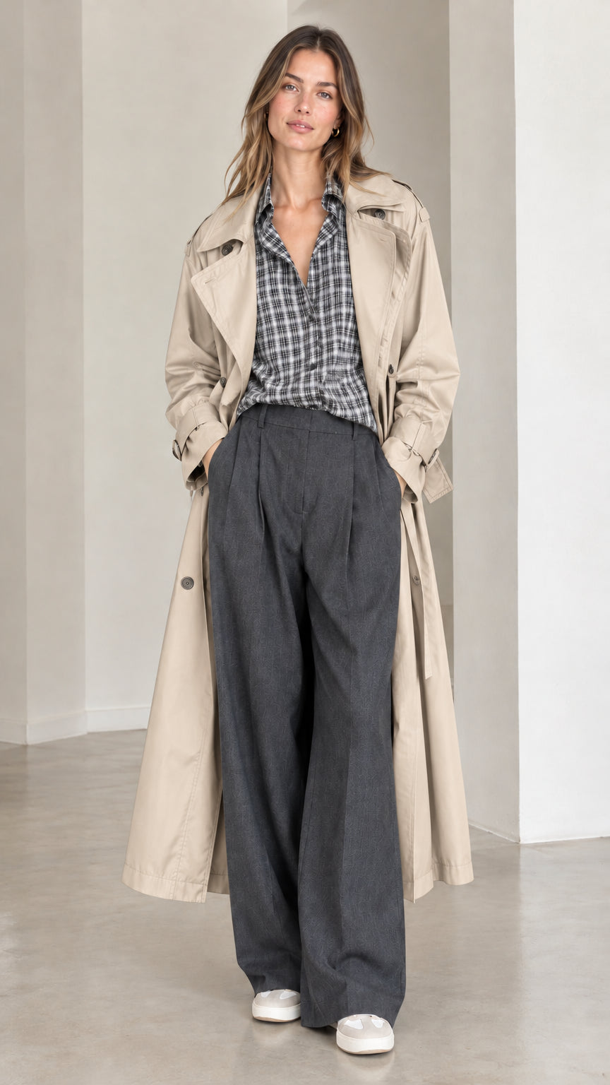 Model wearing long beige belted trench coat over casual business attire