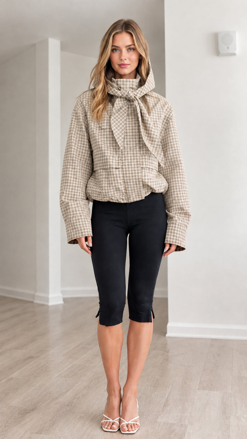 Front view of model wearing beige khaki plaid hooded tie-neck jacket