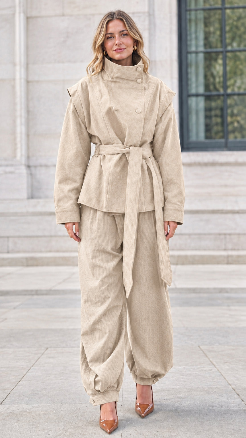 Full-length view of woman wearing light beige stand collar belted utility jacket