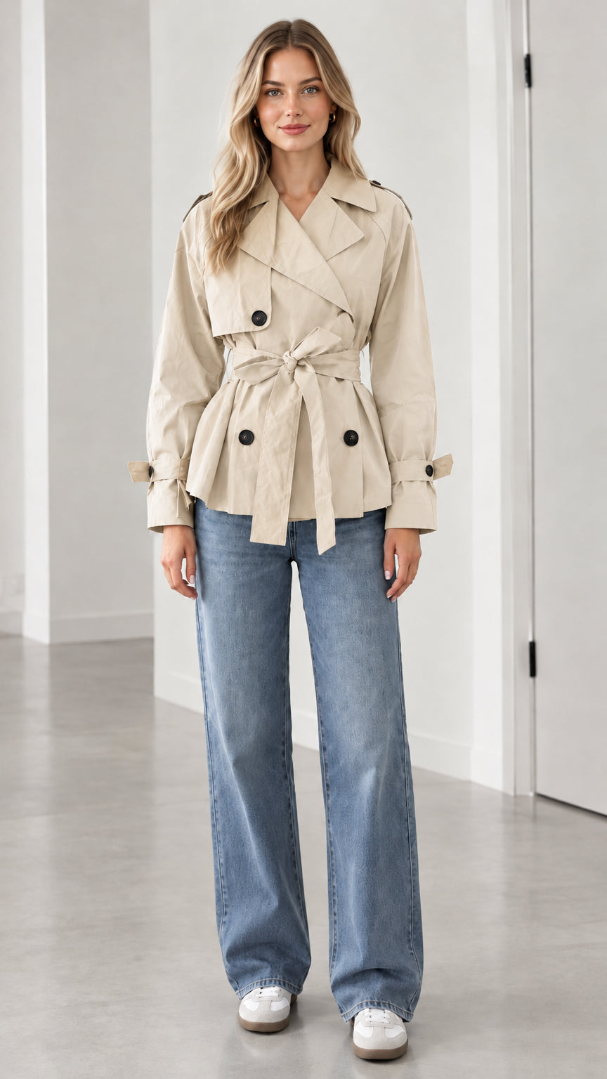 Front view of model wearing beige cream short double-breasted belted trench coat