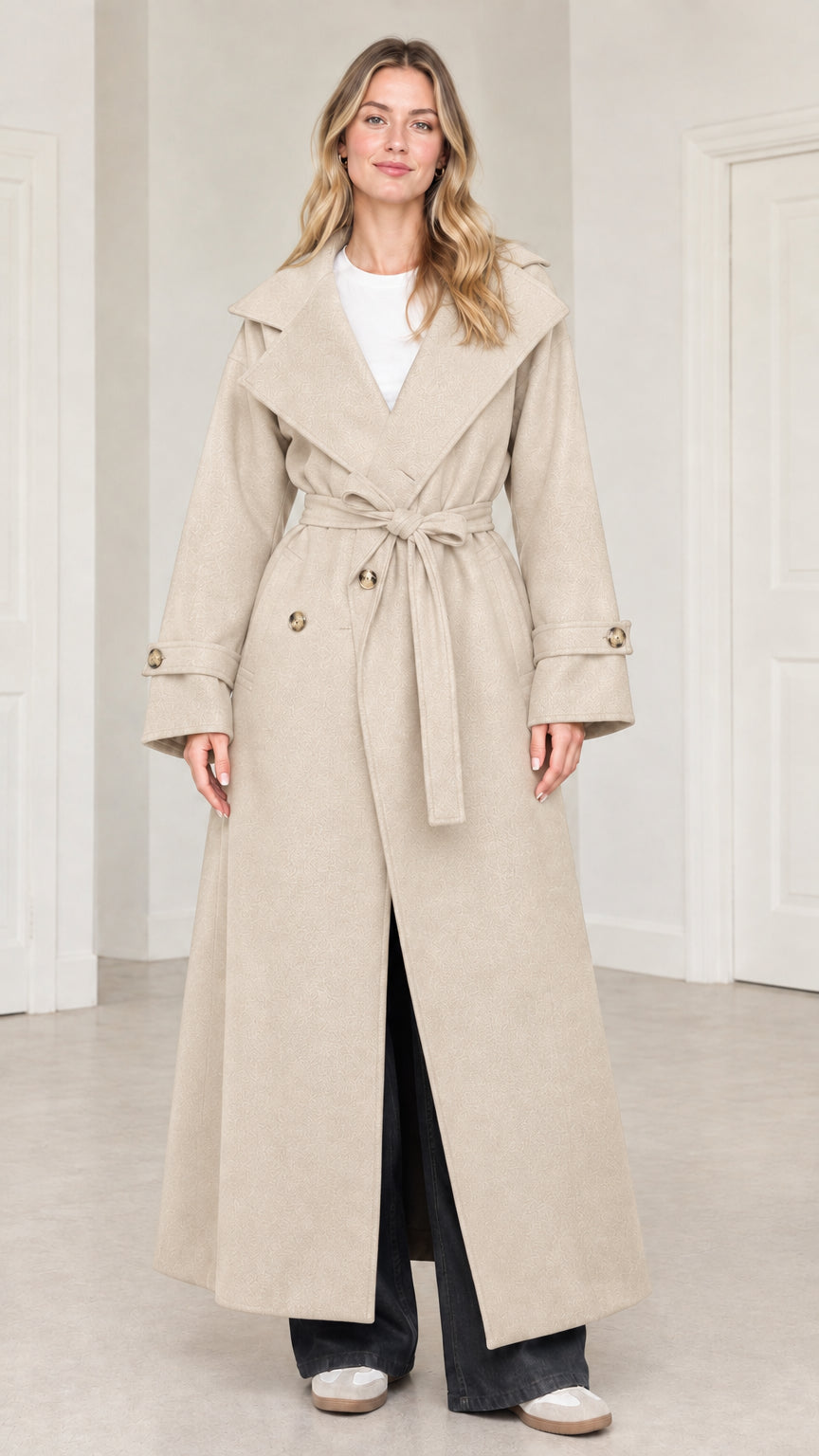 Front full-length view of woman wearing beige oatmeal maxi belted trench coat