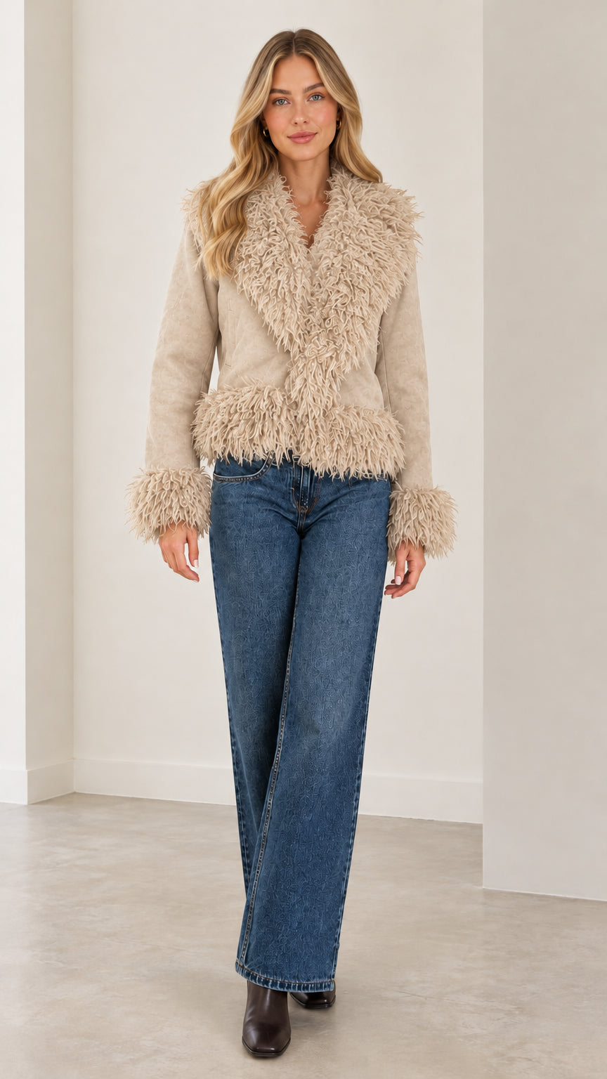 Full front view of the beige oatmeal faux suede jacket with cream shaggy trim