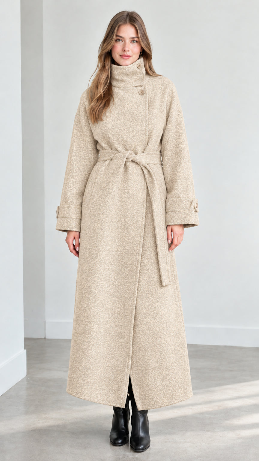 Front view of model wearing beige oatmeal high neck belted maxi coat