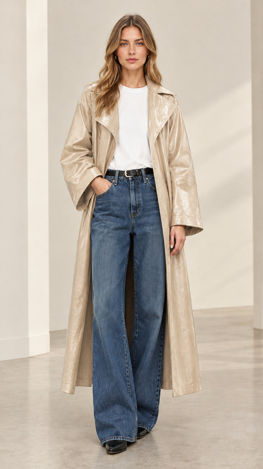Front view of beige champagne crinkle textured long trench coat