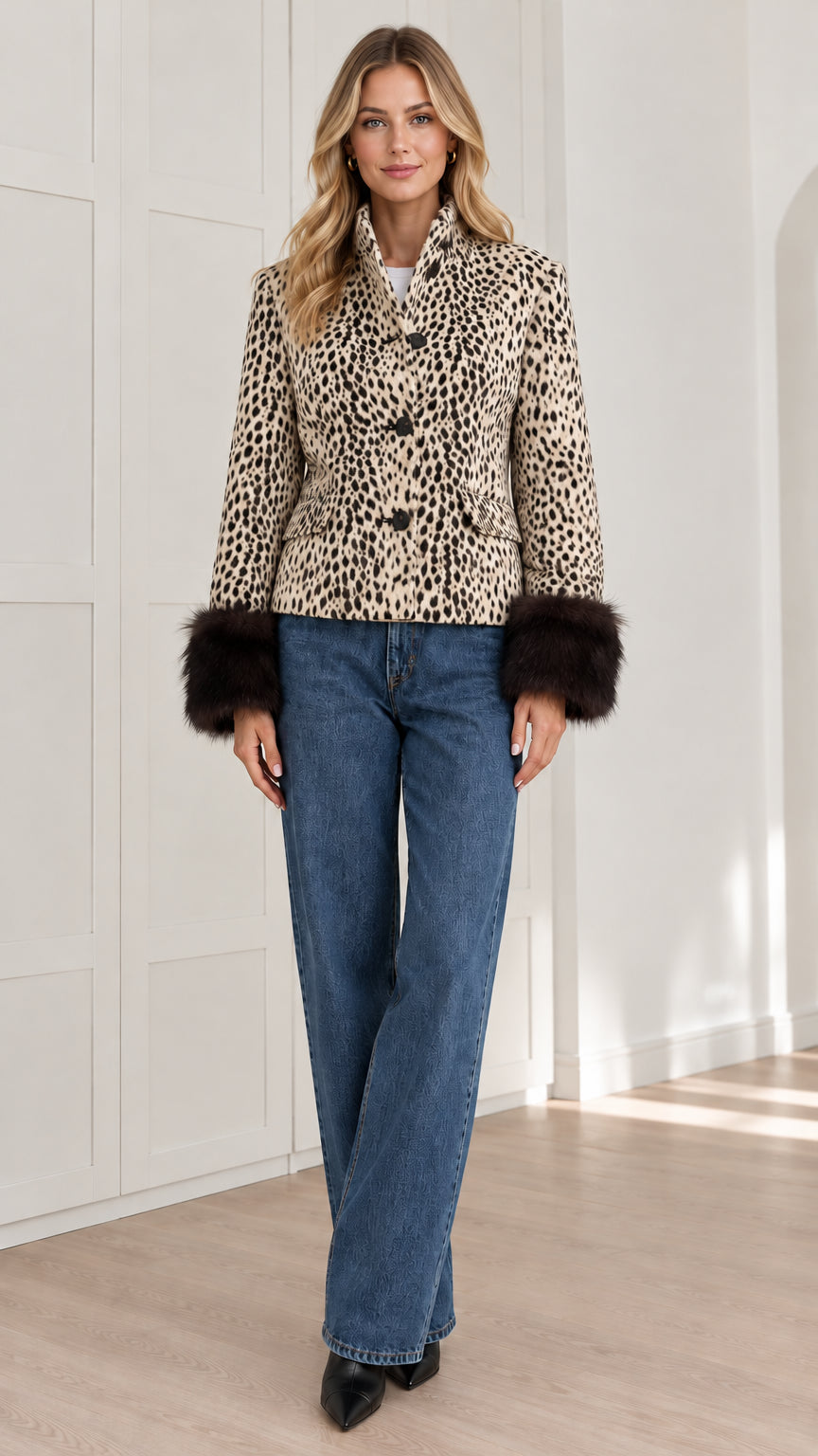 Front view of camel tan leopard print jacket with faux fur cuffs and jeans