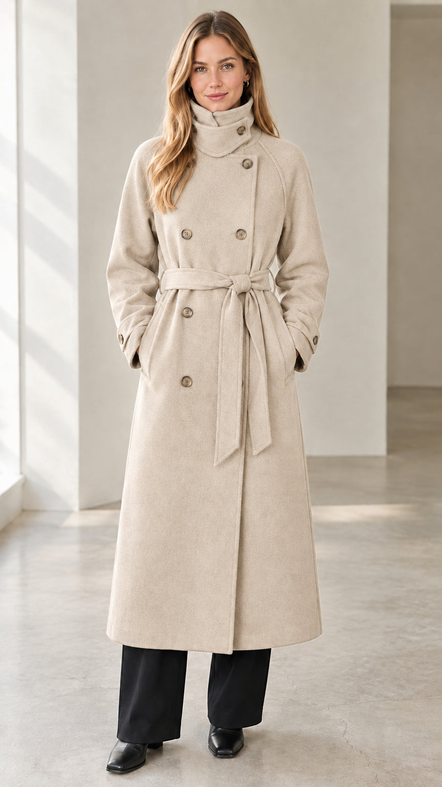 Front view of model wearing beige cream double-breasted stand collar long overcoat
