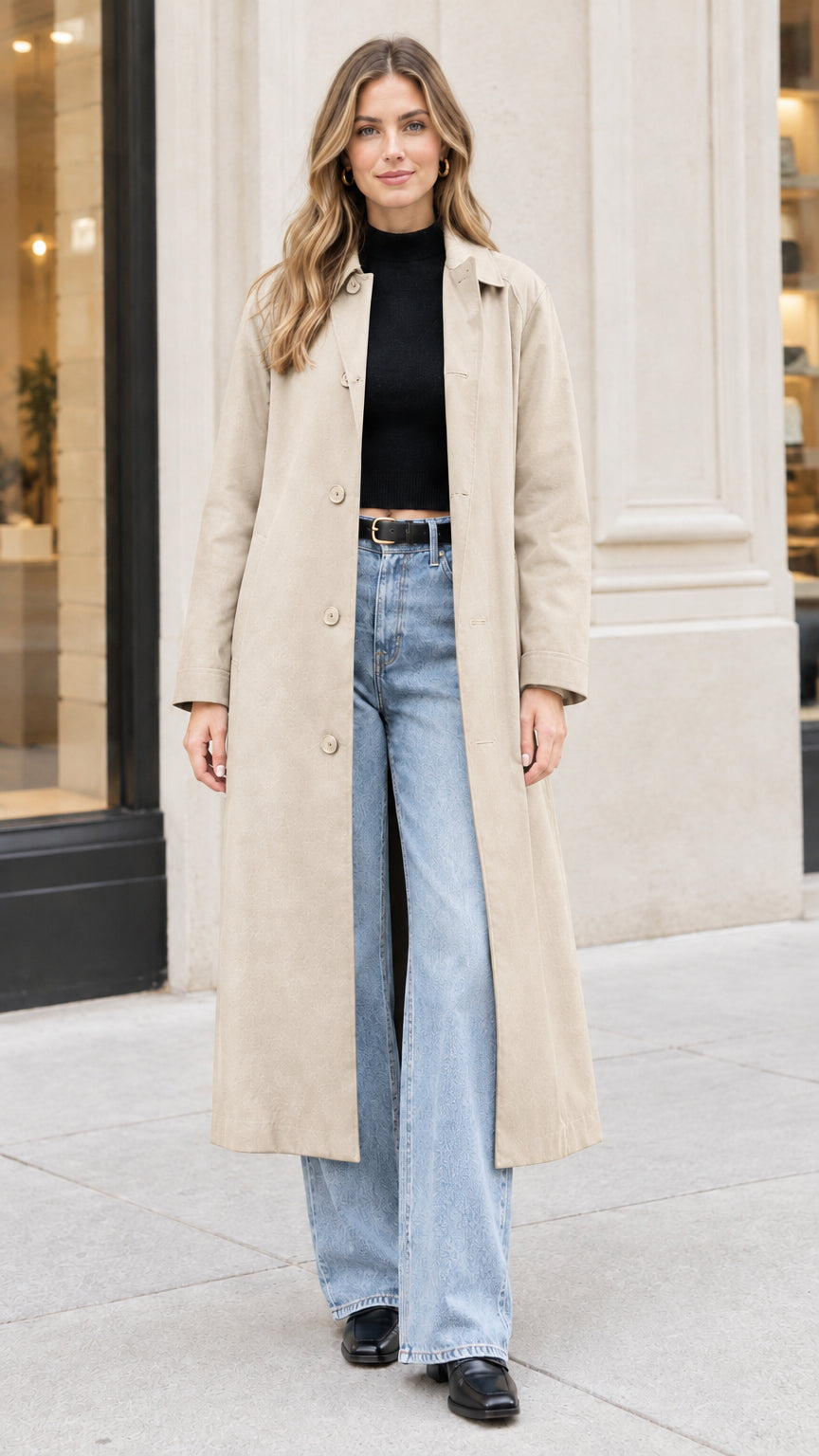 Front view of woman wearing Beige longline trench coat