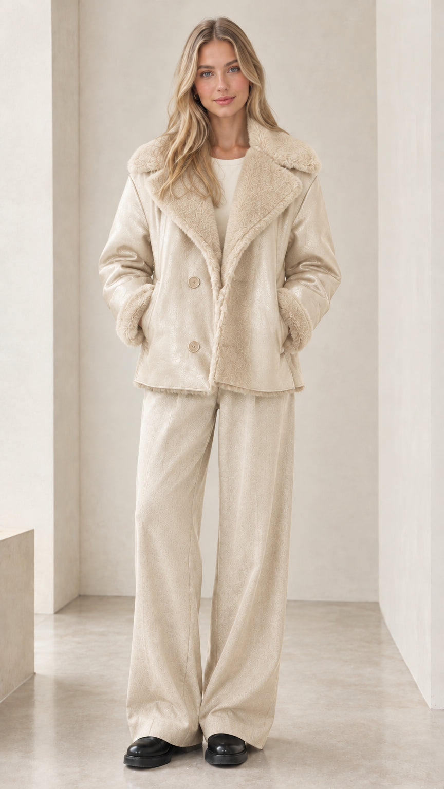 Full-body view of model wearing cream beige faux shearling jacket with matching pants