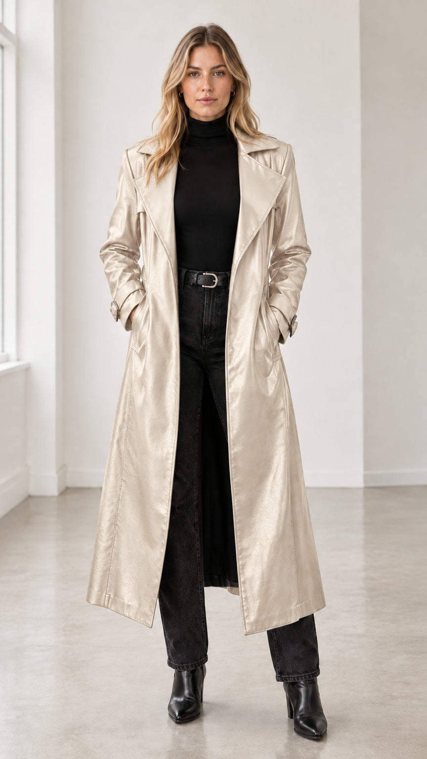 Front view of woman wearing metallic champagne beige full-length faux leather trench coat