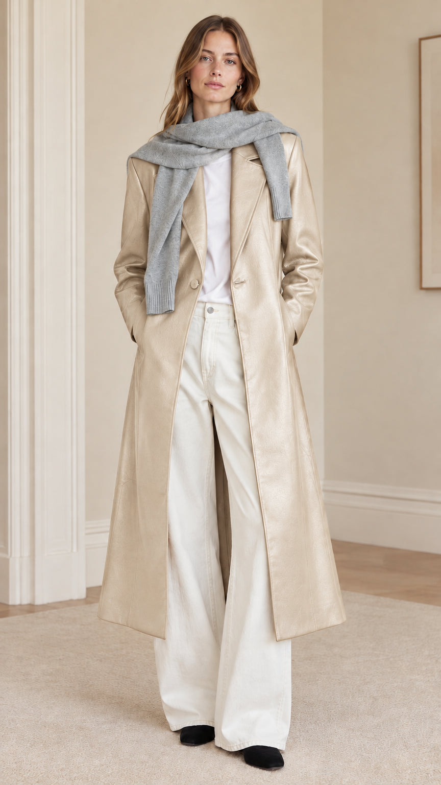 Model wearing champagne beige faux leather maxi trench coat with glossy modern finish