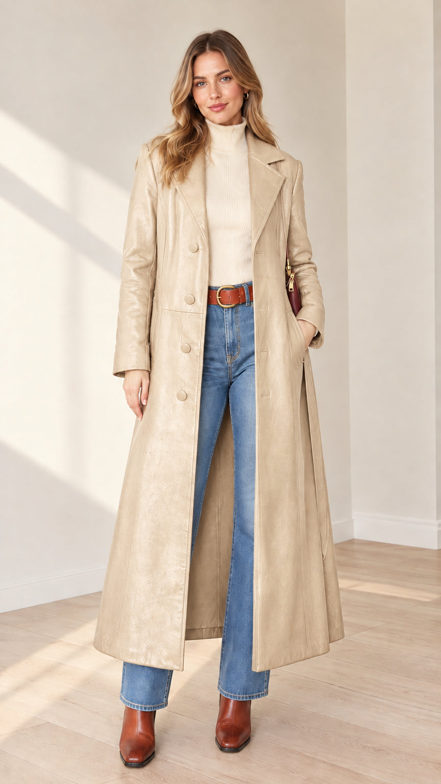 Front view of woman wearing full-length cream faux leather trench coat