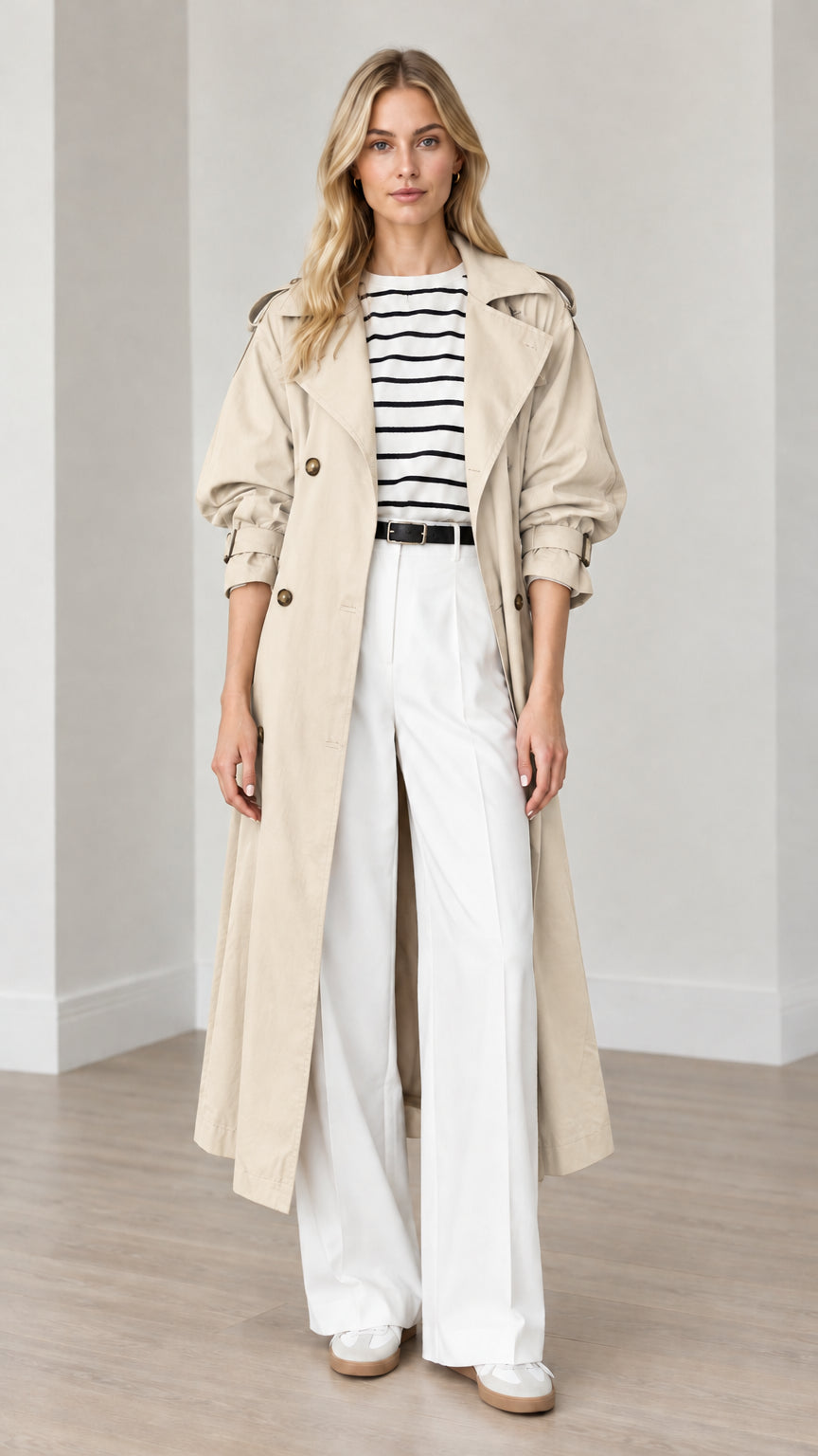 Full-length front view of woman wearing light beige double-breasted long trench coat