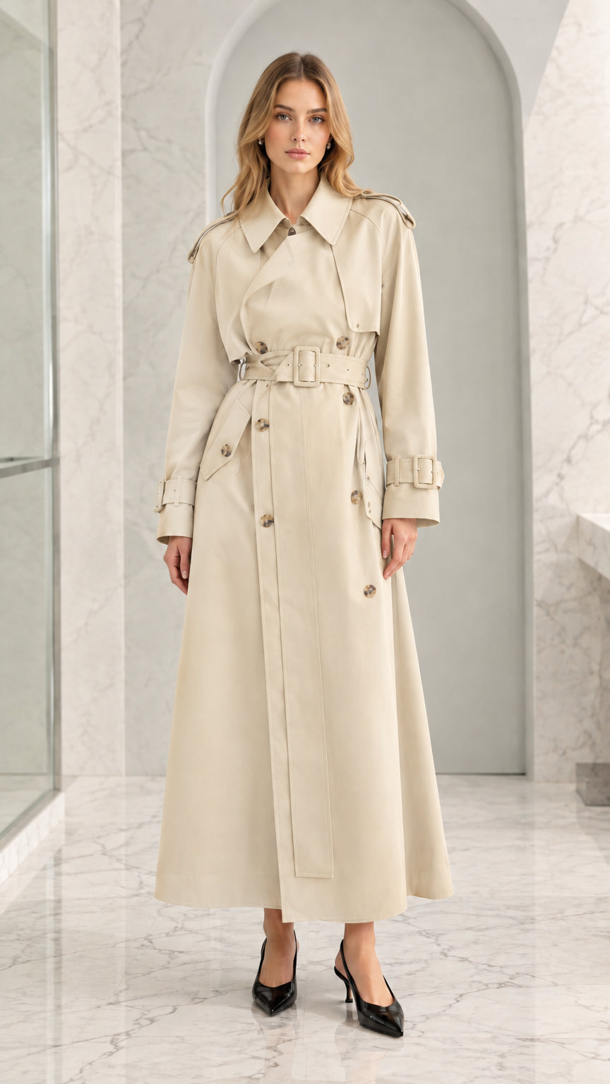 Front full-length view of woman wearing cream beige maxi belted trench coat