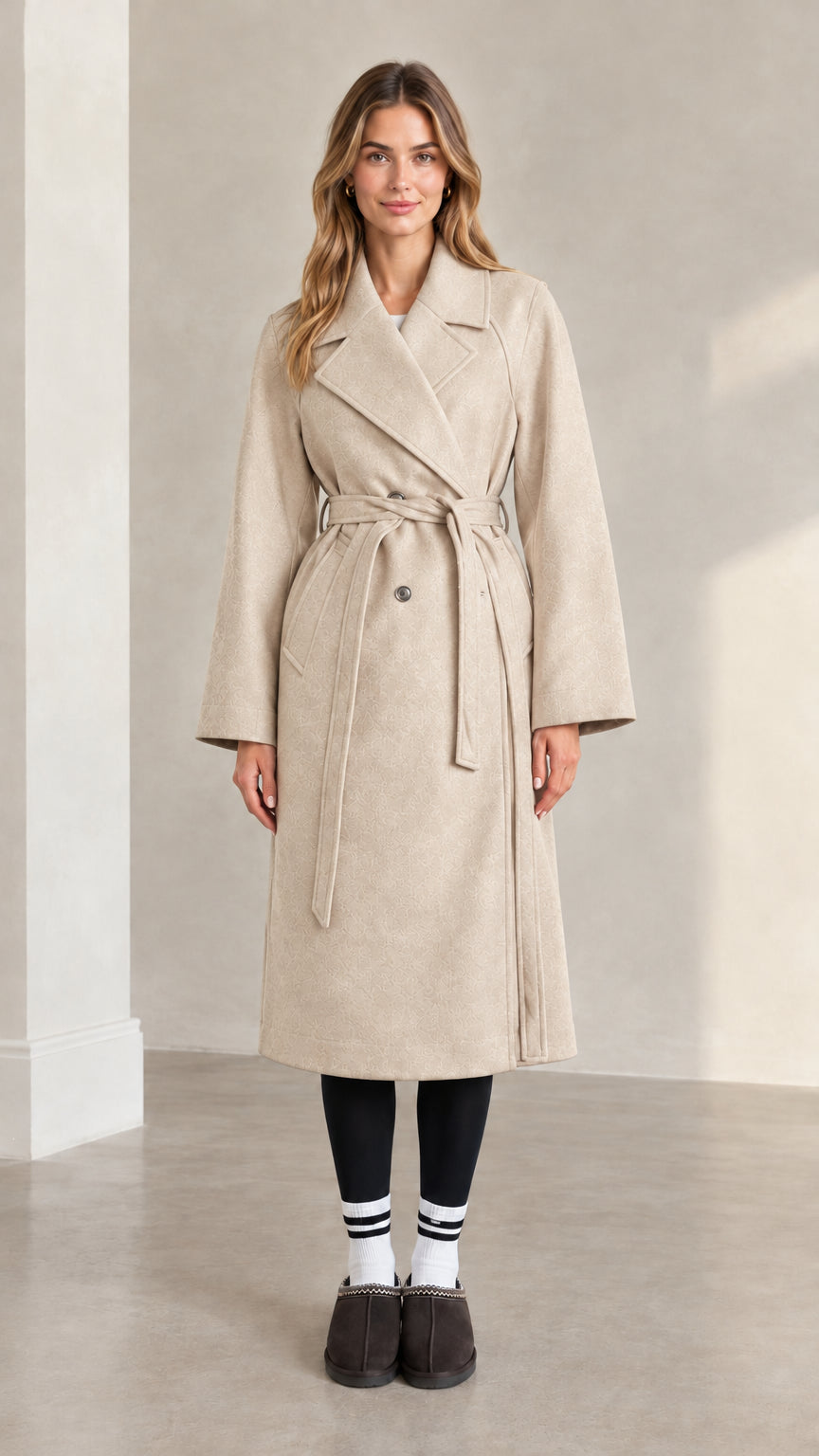 Front full view of woman wearing beige longline belted trench coat