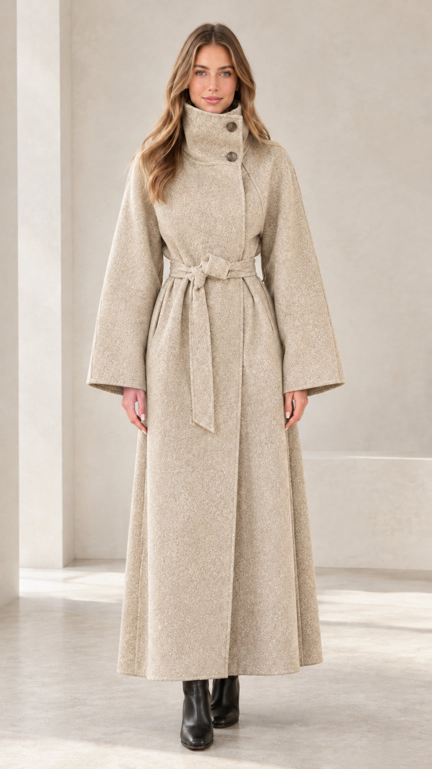 Front view of women's beige oatmeal high-neck maxi belted trench coat
