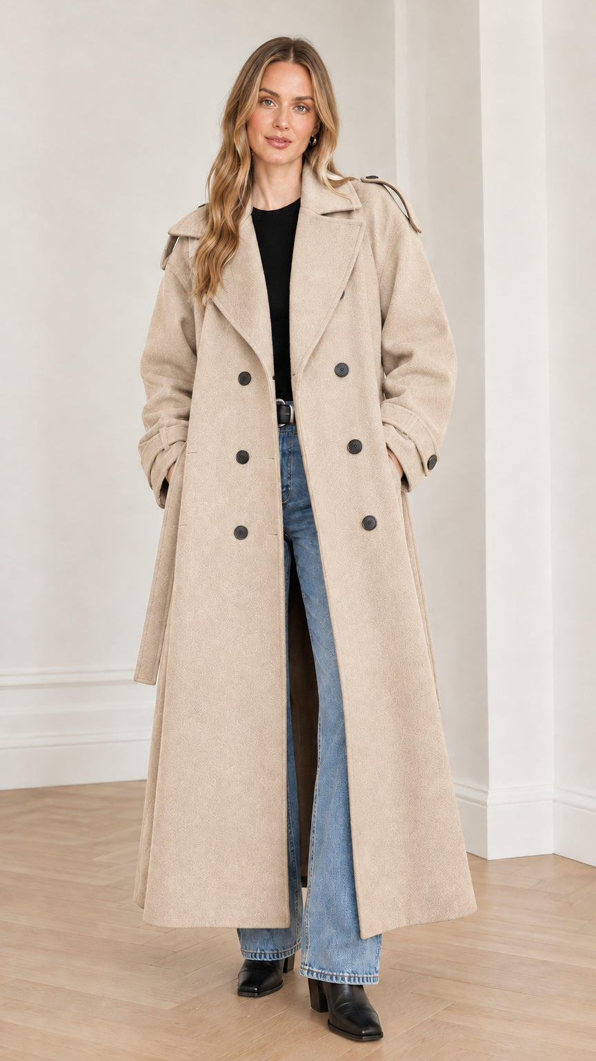Front view of woman wearing beige oatmeal long double-breasted belted trench coat
