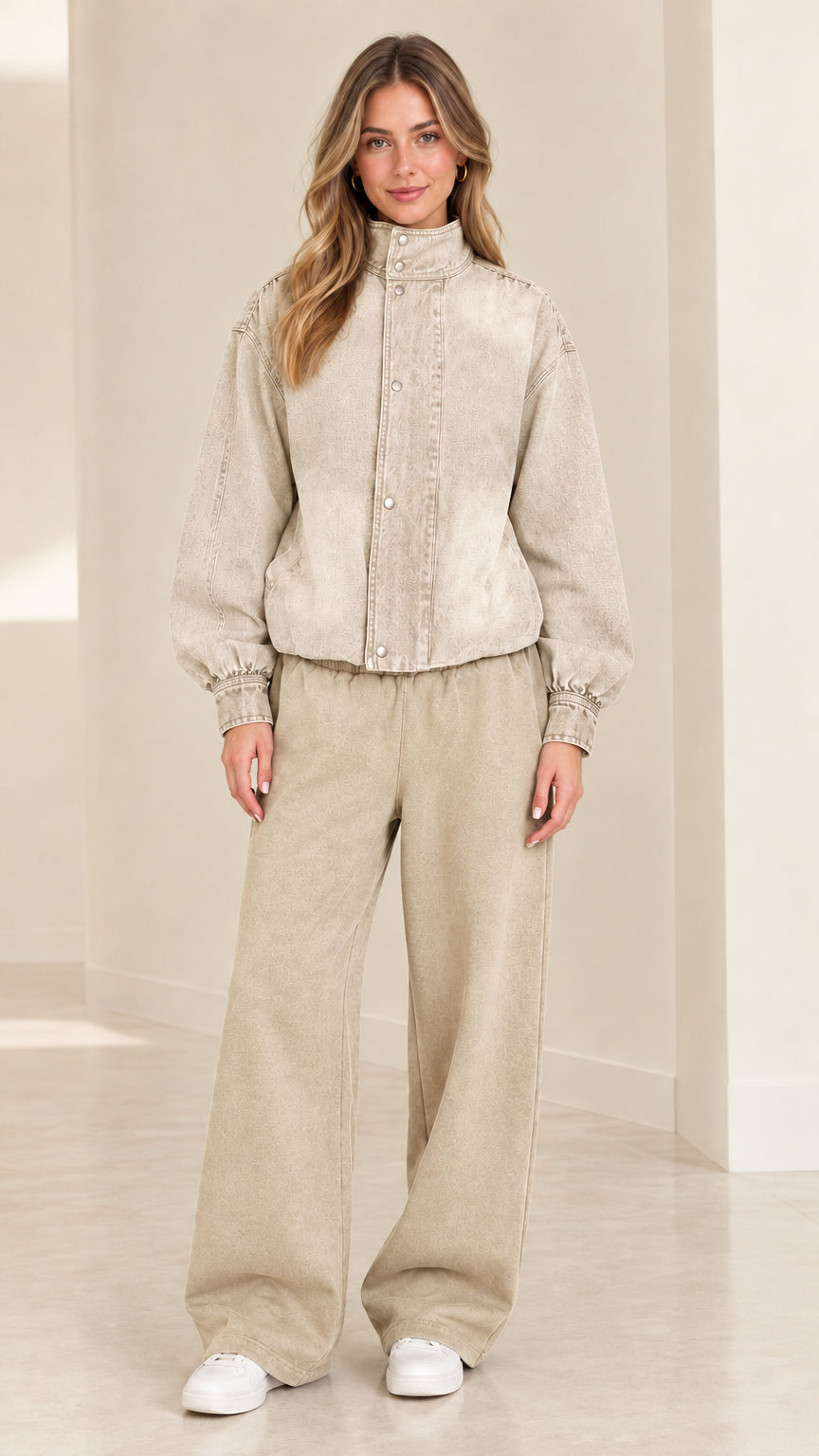 Model wearing washed beige sand jacket and matching wide-leg trousers