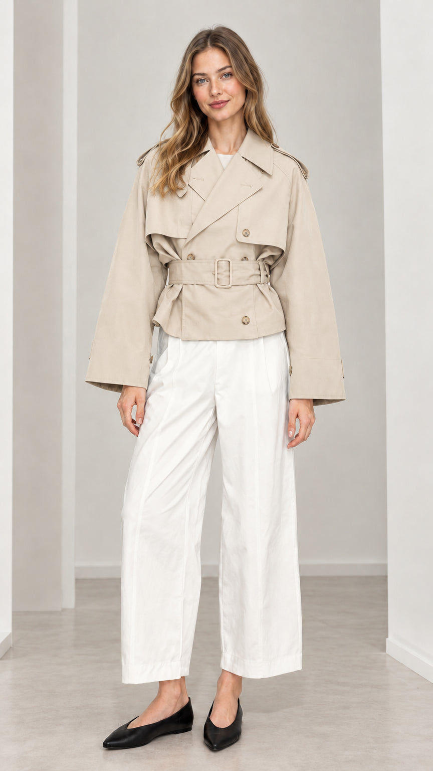 Front view of woman wearing beige khaki cropped double-breasted trench jacket with matching belt