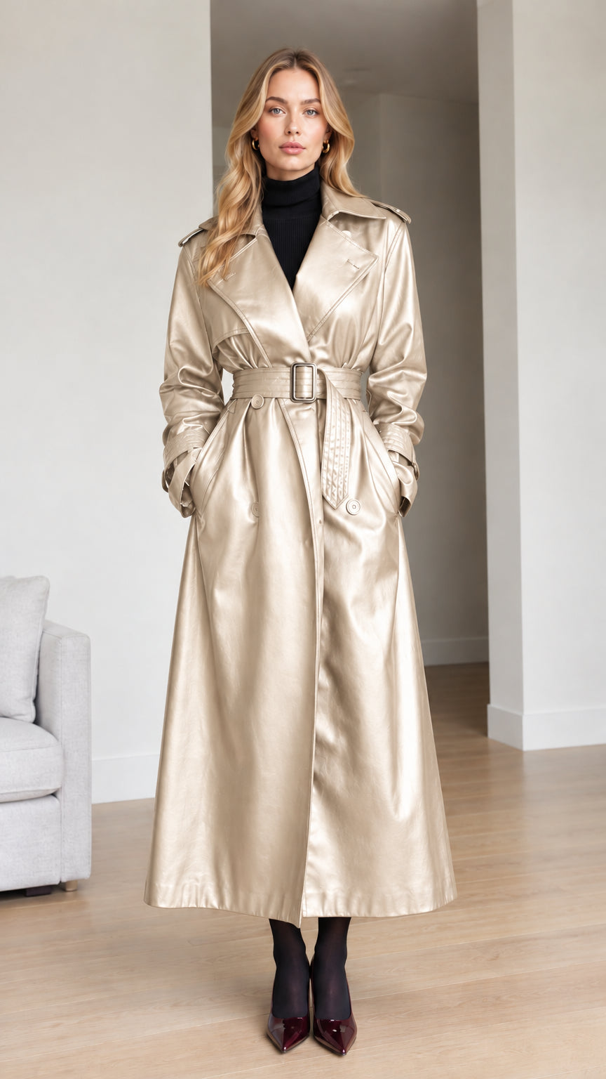 Front view of model wearing champagne gold faux leather maxi trench coat