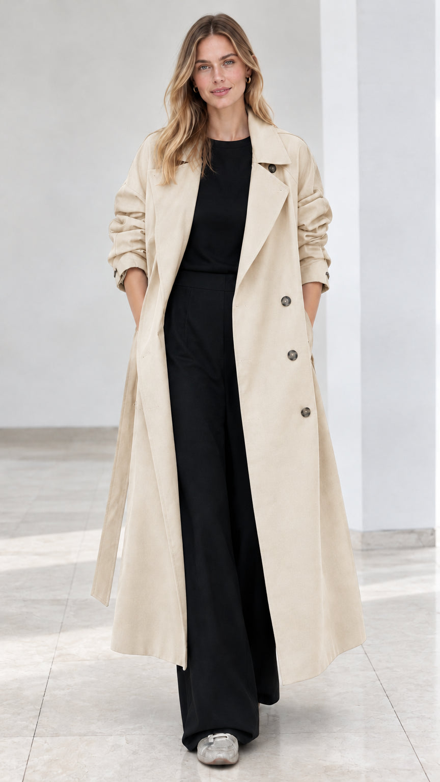 Front view of model wearing beige double breasted long trench coat
