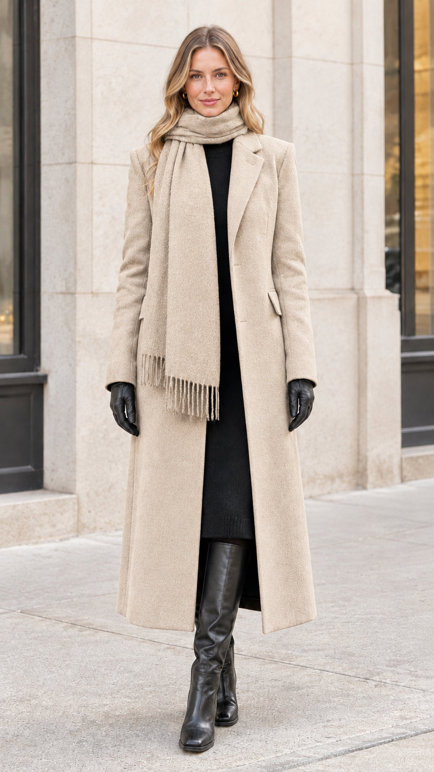 Model wearing oatmeal beige tailored long overcoat with matching scarf