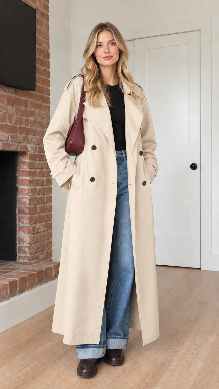 Front view of model wearing cream off-white double-breasted maxi trench coat