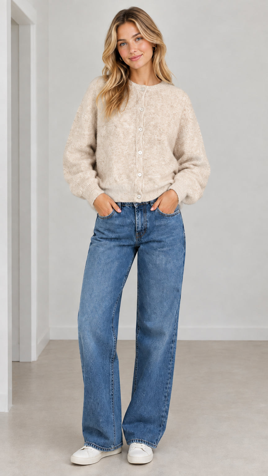 Woman wearing Beige fuzzy knit button-front cardigan sweater