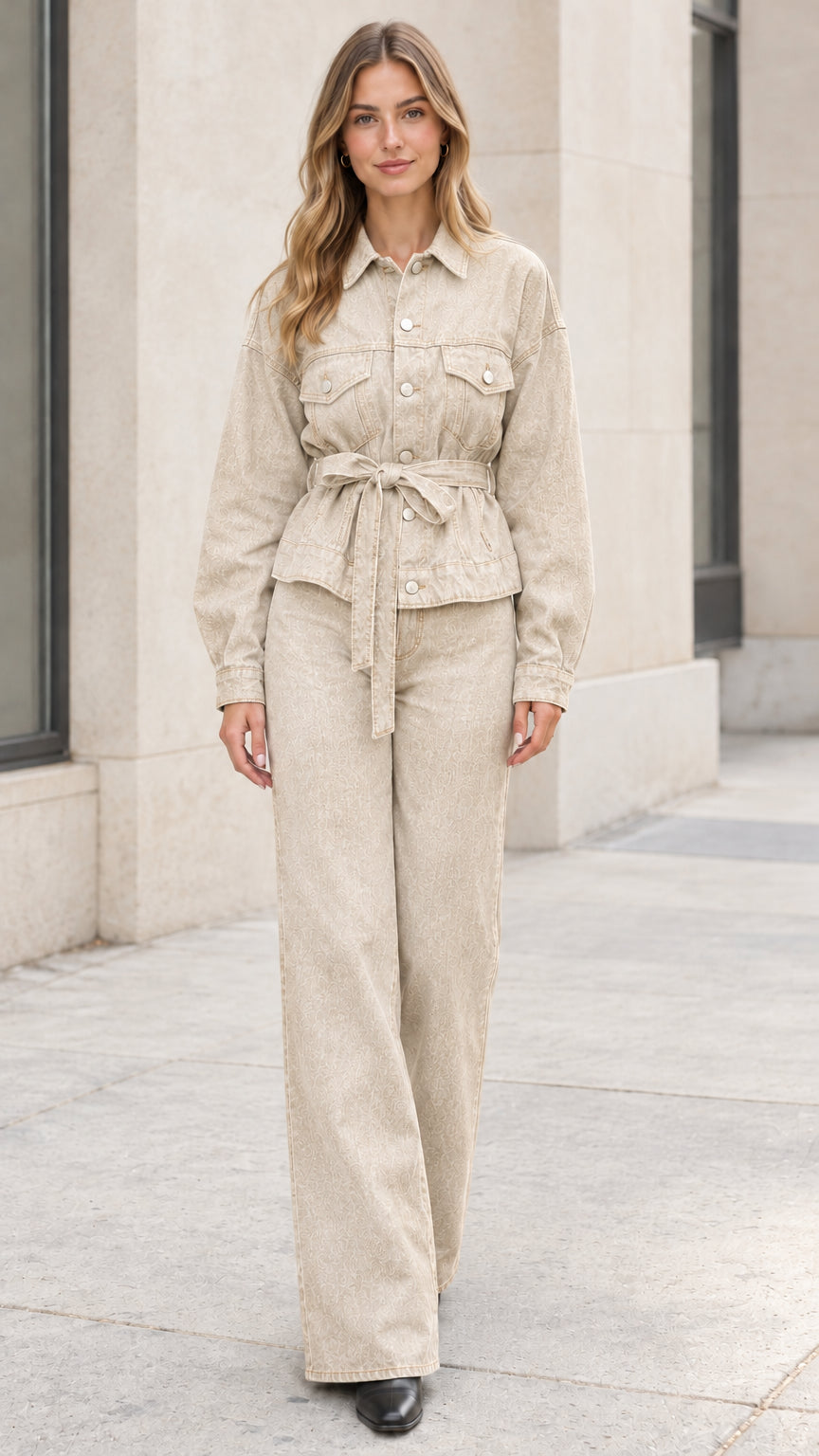 Model wearing beige cream belted denim jacket and wide-leg pant set