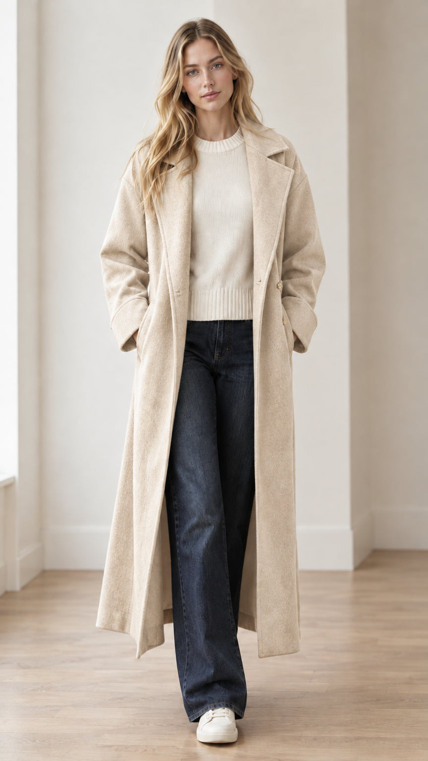Full-length view of model wearing elegant cream off-white longline belted coat