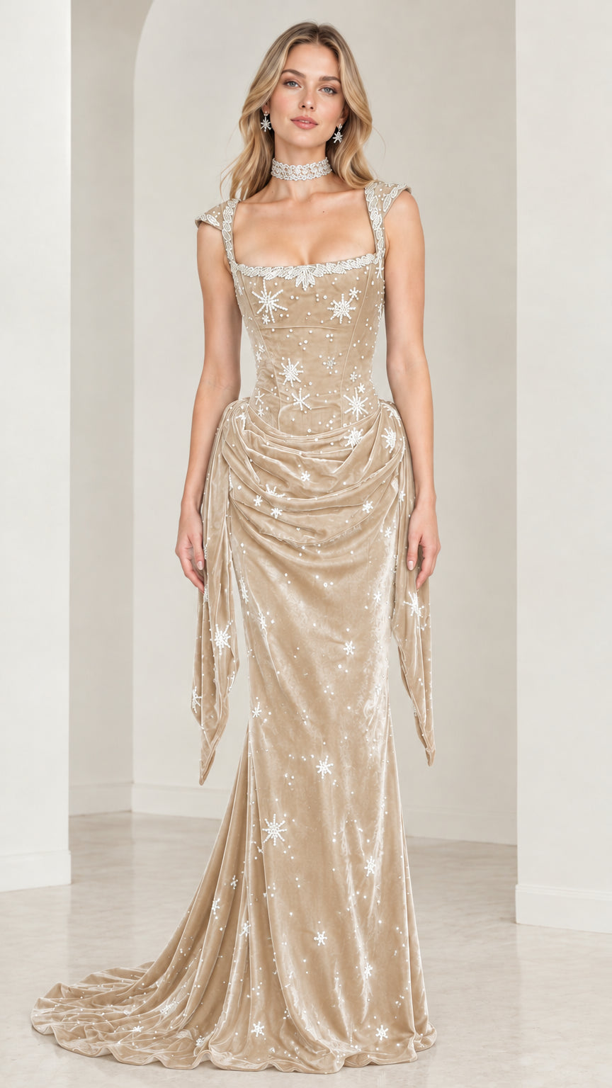 Front view of model wearing Champagne gold celestial beaded velvet evening gown