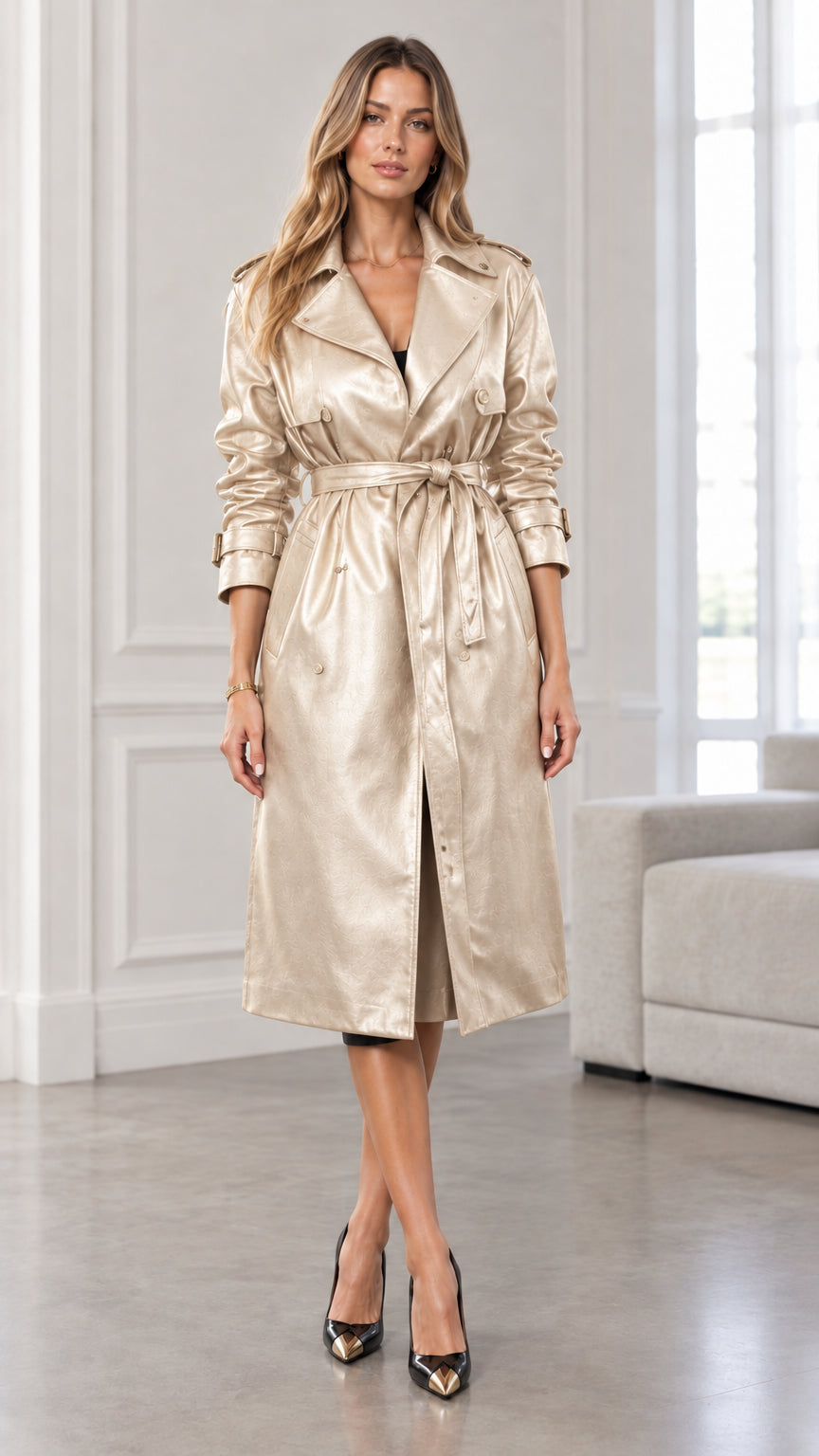 Model wearing metallic champagne faux leather belted midi trench coat