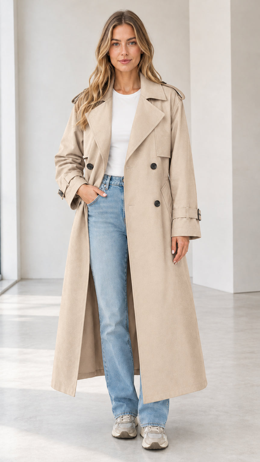 Full-length view of woman wearing the long beige double-breasted trench coat