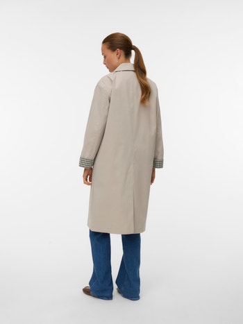 Beige Long Trench Coat with Contrast Cuffs
