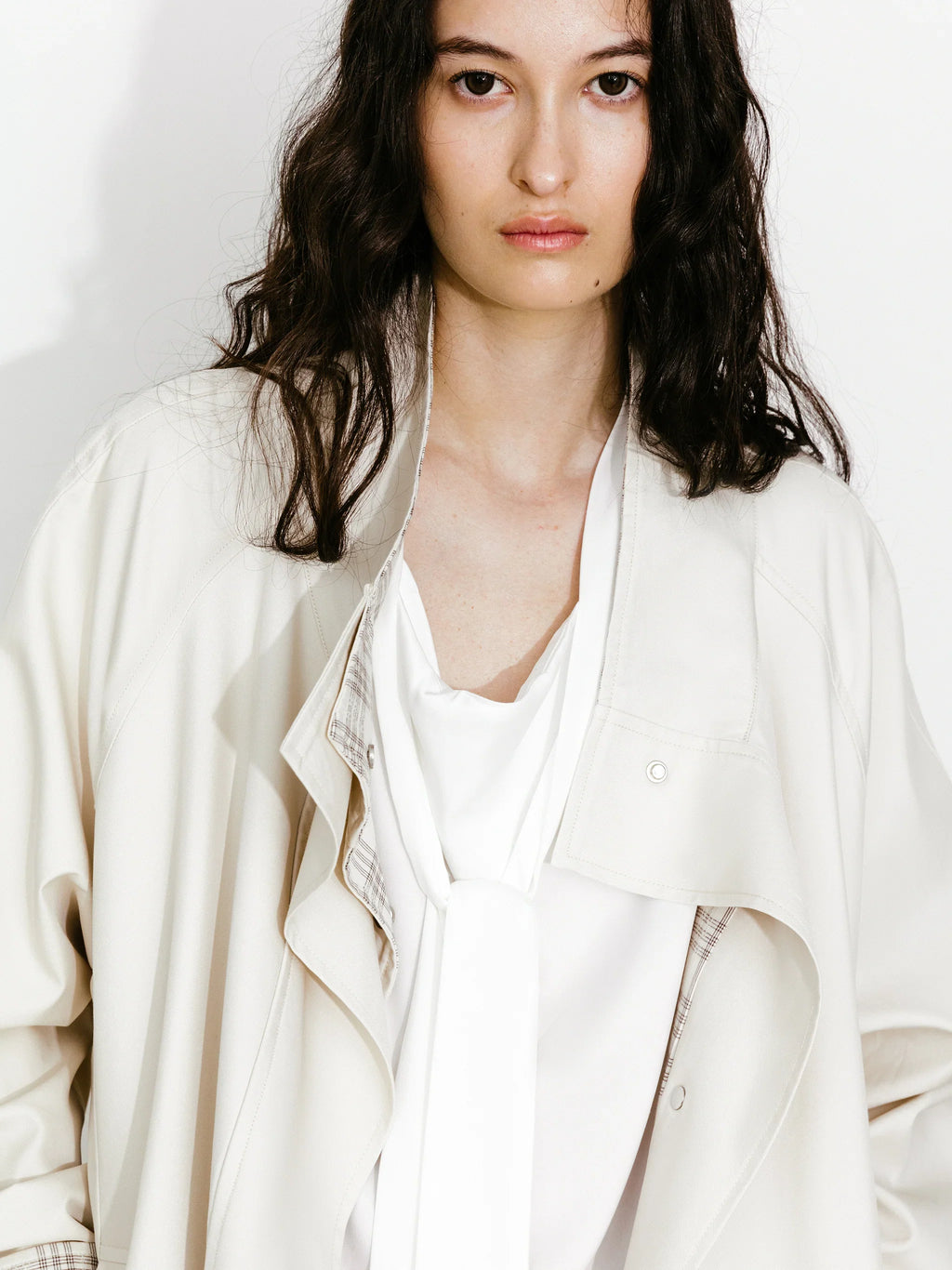 Funnel Neck Colorblock Cuff Trench Coat Cream