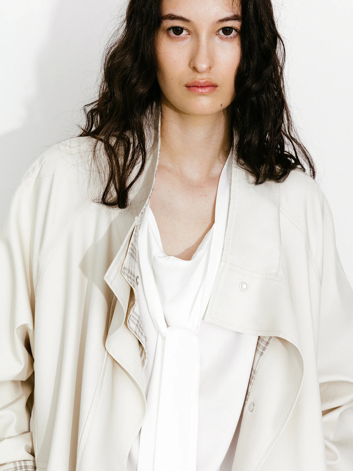 Funnel Neck Colorblock Cuff Trench Coat Cream