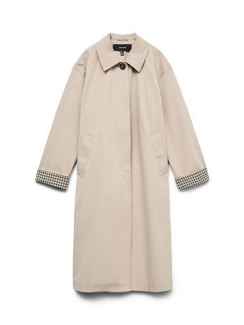 Beige Long Trench Coat with Contrast Cuffs
