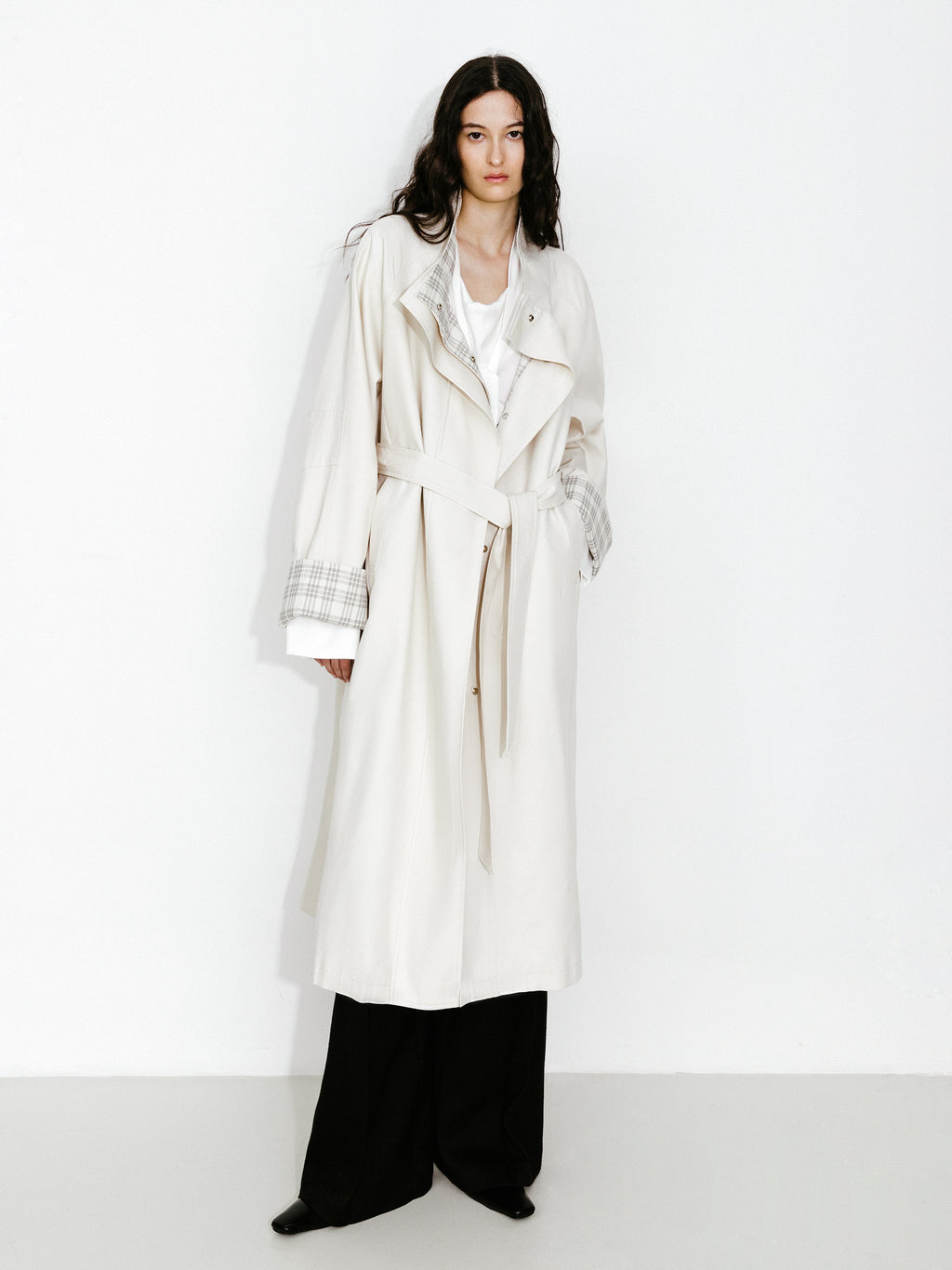 Funnel Neck Colorblock Cuff Trench Coat Cream