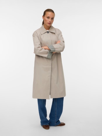 Beige Long Trench Coat with Contrast Cuffs