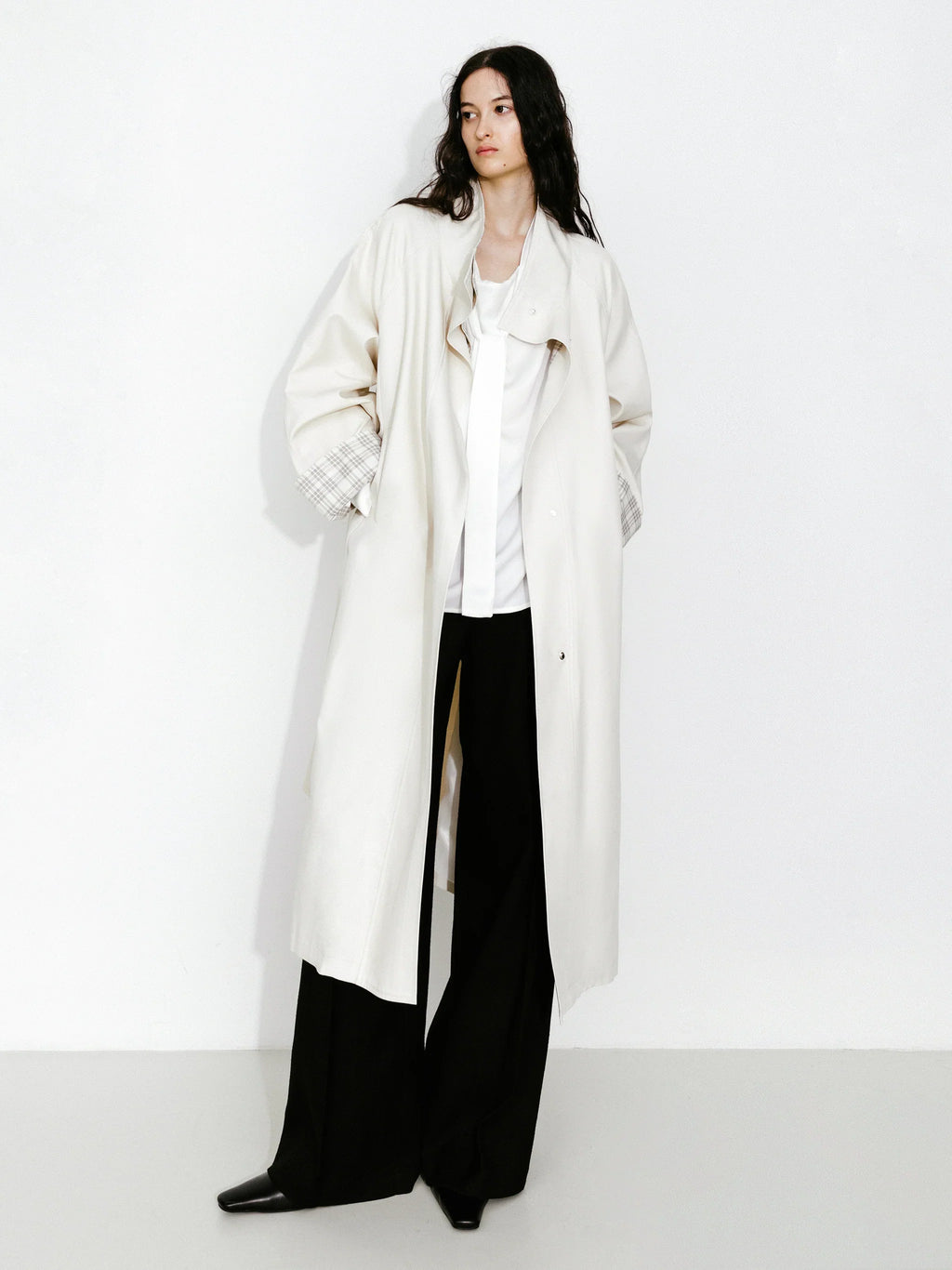 Funnel Neck Colorblock Cuff Trench Coat Cream