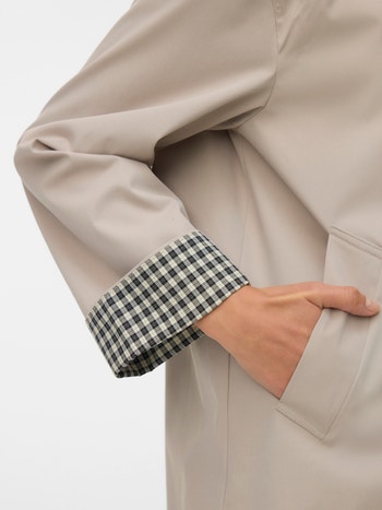Beige Long Trench Coat with Contrast Cuffs