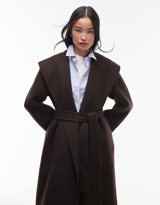 Dark Brown Shawl Collar Wrap Coat