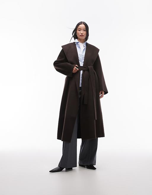 Dark Brown Shawl Collar Wrap Coat