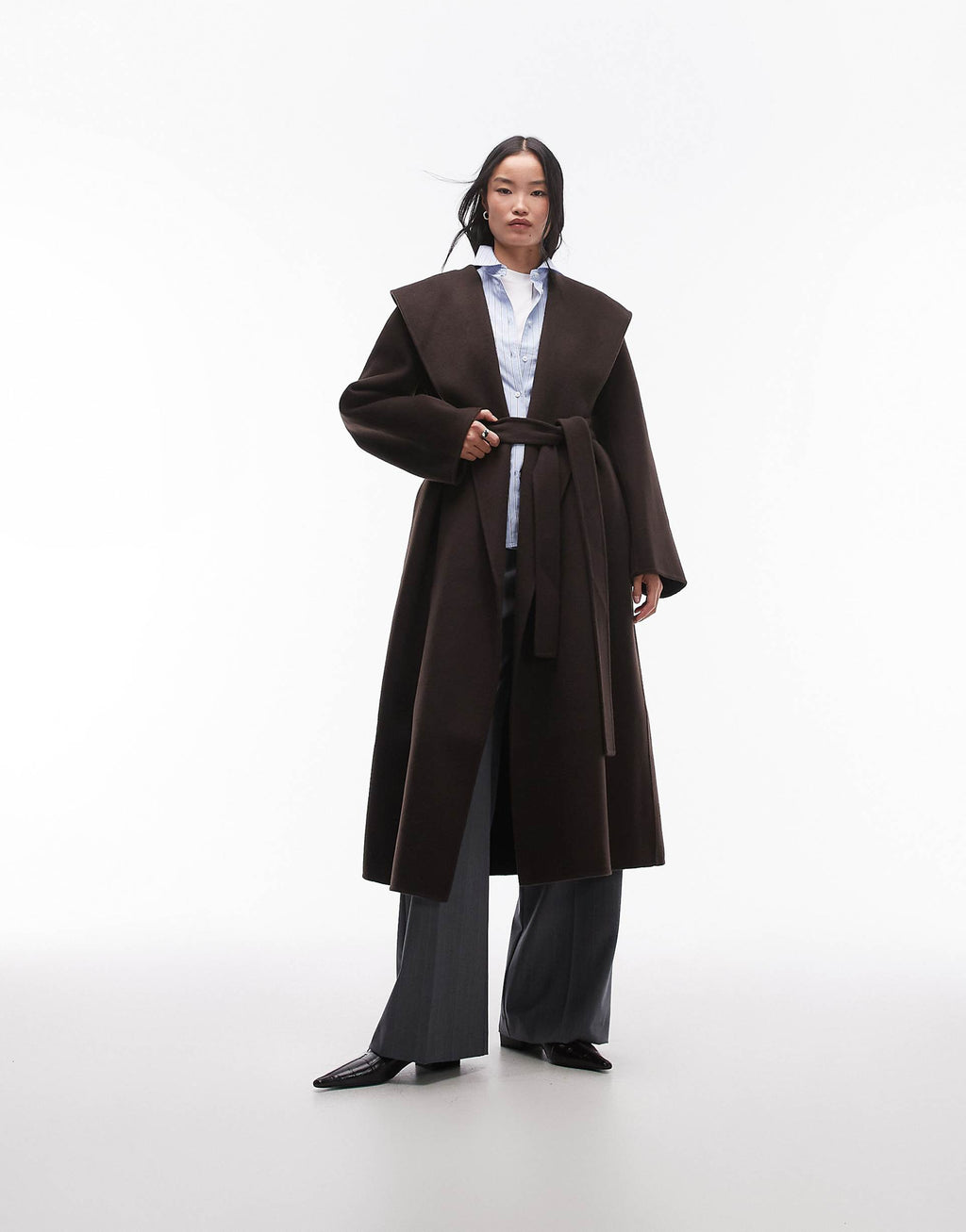 Dark Brown Shawl Collar Wrap Coat